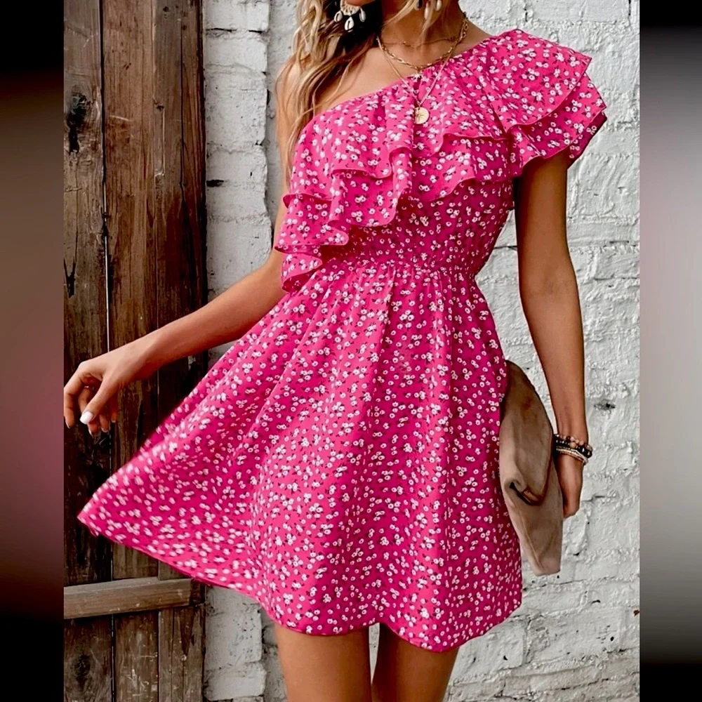 2.Floral One Shoulder Ruffle Trim Dress - Picture 1 of 2
